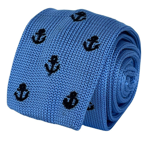 light baby blue knitted tie with nautical anchor embroidered design